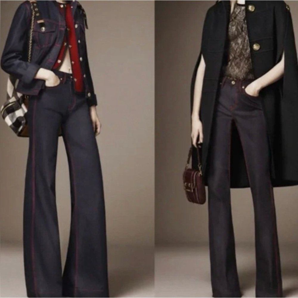 NWT Burberry Brit Flare High Rise Jeans, Dark Blue with Red Stitching, size 26